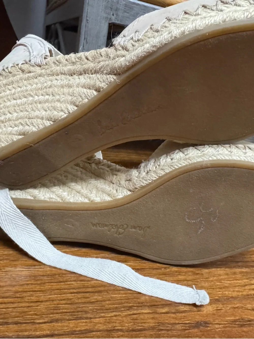 Sam Edelman Leather Beige Espadrille Wedge Sandals with Ankle Ties - Picture 6 of 6